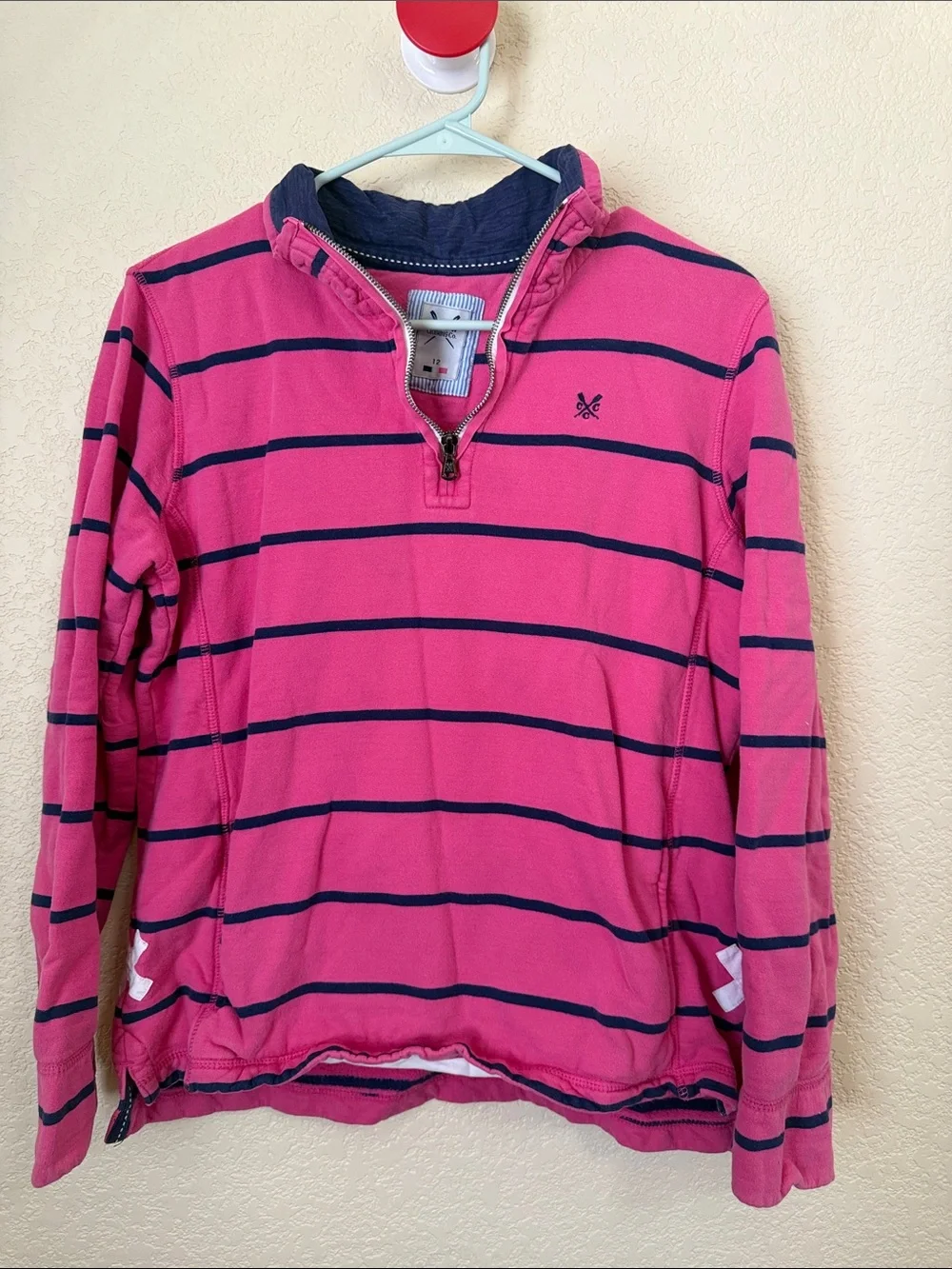 J. Crew Pink and Navy Striped Quarter-Zip Pullover